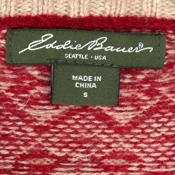Eddie Bauer Cardigan Womens Small Red Fair Isle Lambswool Sweater Christmas Cozy - Picture 7 of 11